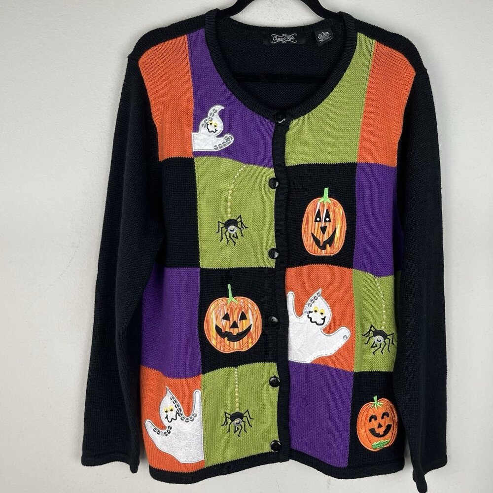 Vitg Crystal Kobe Halloween Button Front Sweater Pumpkins Ghosts